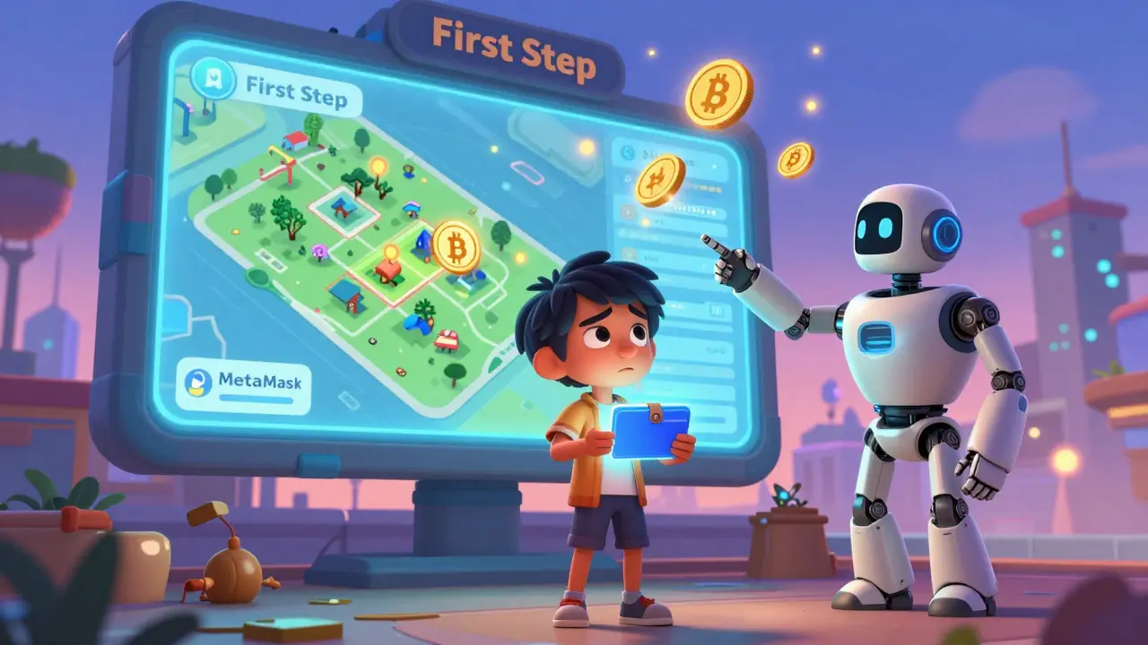 Un nuevo usuario con una billetera digital es guiado por un robot amigable en un mercado de terrenos virtuales.