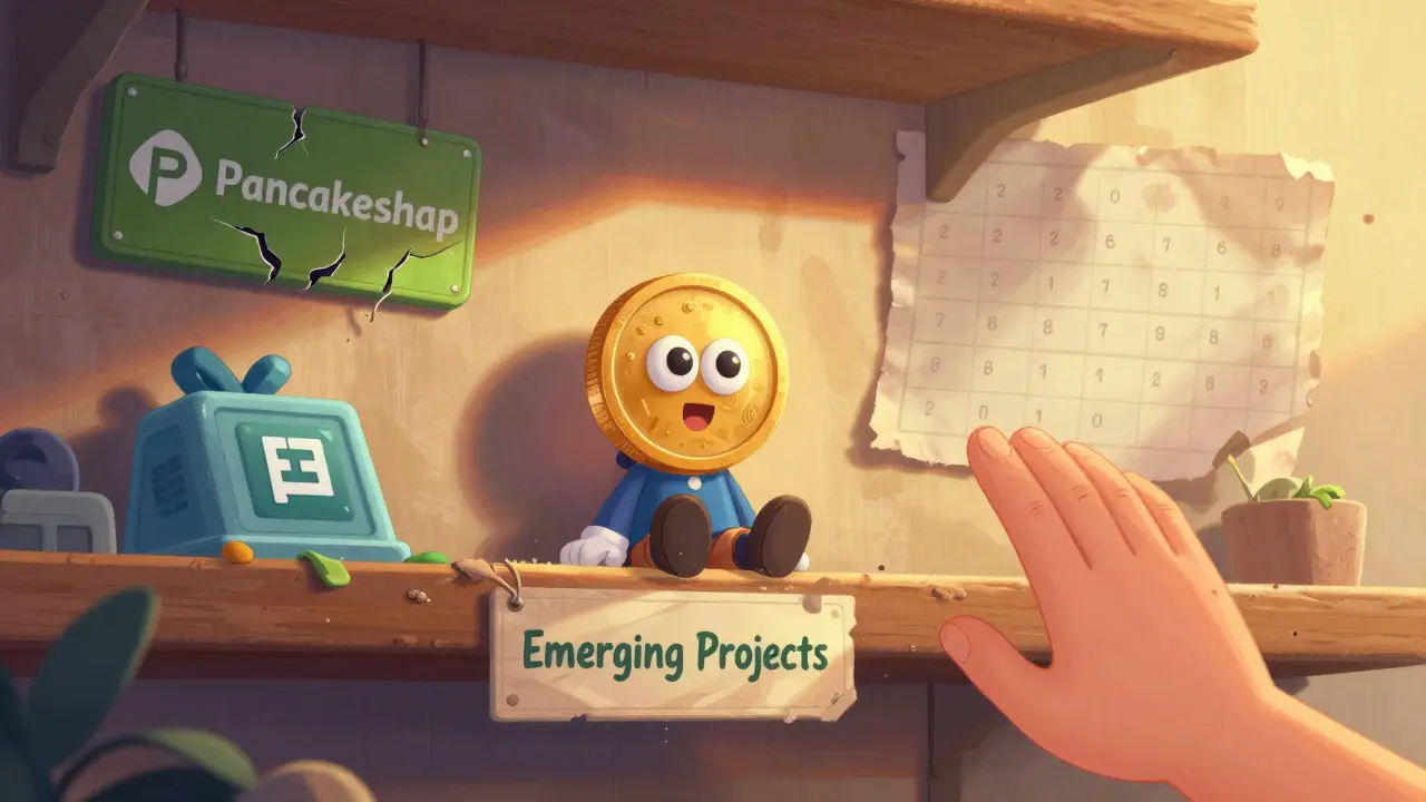 Un solo token PSWAP descansa en una estantería olvidada, rodeado de reliquias cripto rotas.