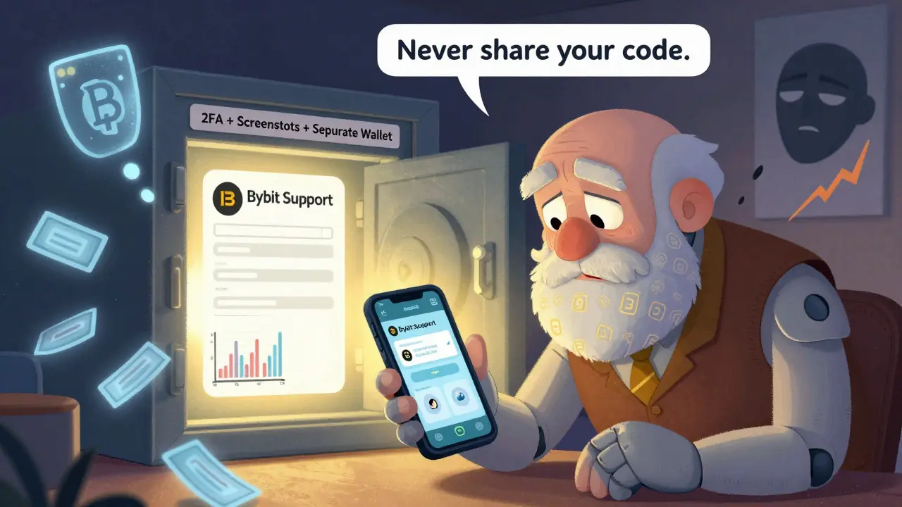 Un trader alerta ante un mensaje de phishing mientras una figura sabia lo guía hacia prácticas seguras en cripto.