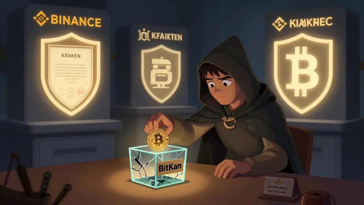 Un trader coloca una Bitcoin en una caja frágil mientras otros exchanges seguros brillan a su alrededor.