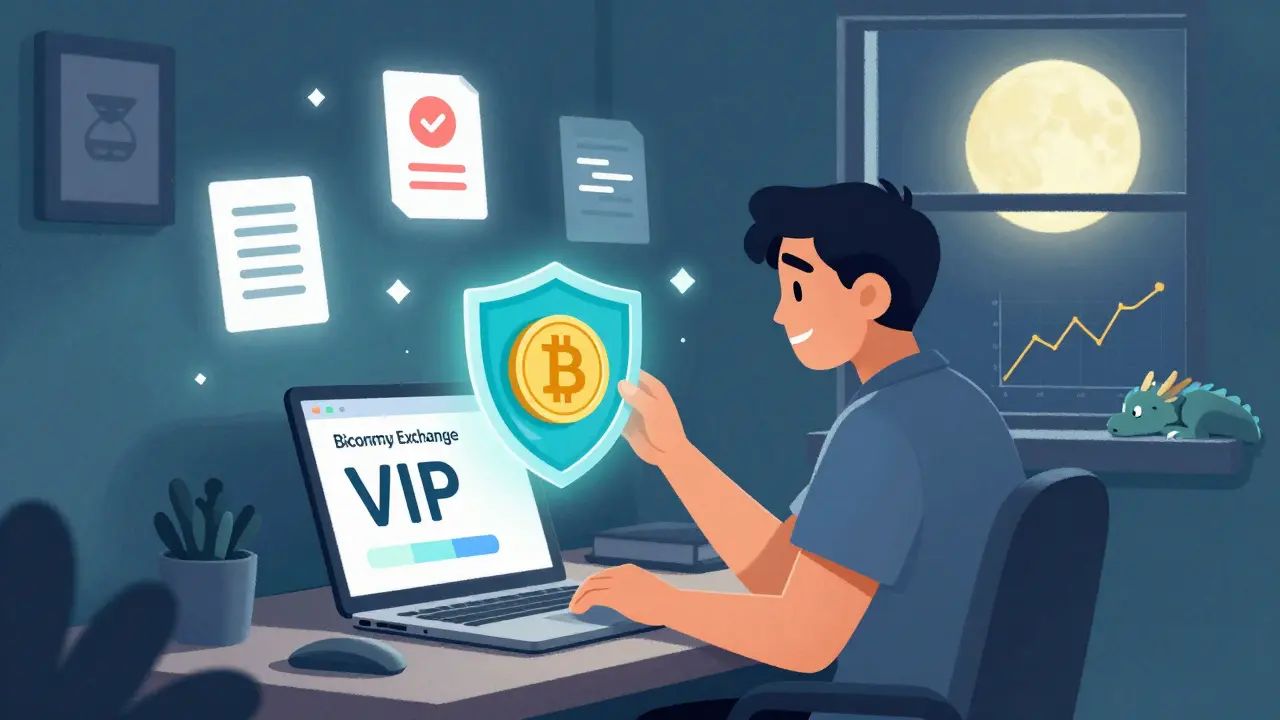 Un trader feliz usa BIT para activar un escudo VIP en Biconomy Exchange, bajo una luz de luna suave.