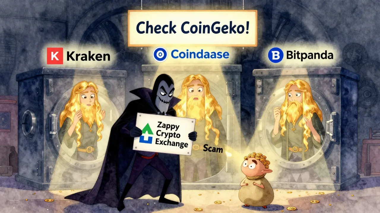 Un villano engañoso intenta engañar a alguien con un intercambio falso, mientras exchanges reales brillan con seguridad.