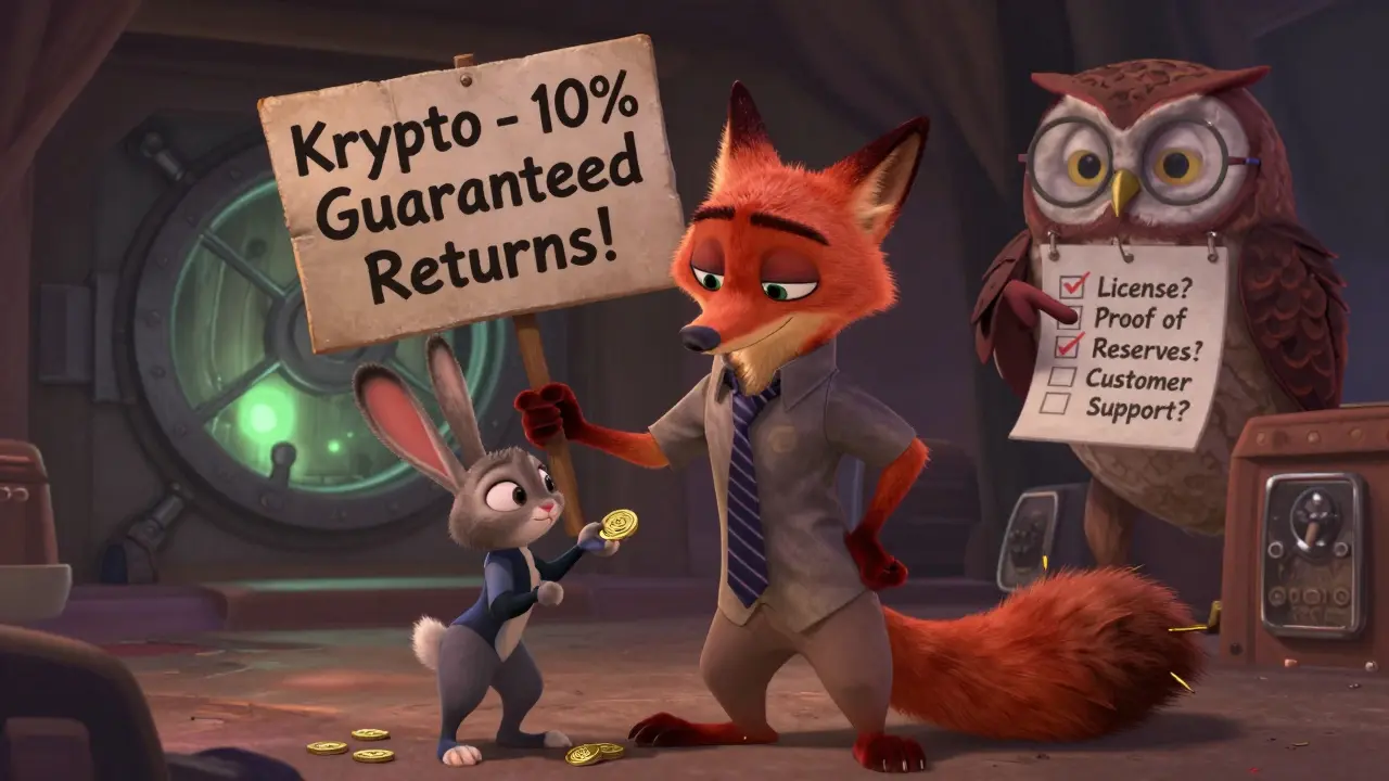 Un zorro estafador engaña a un conejo con promesas falsas de ganancias, mientras un búho enseña cómo identificar exchanges legítimos.