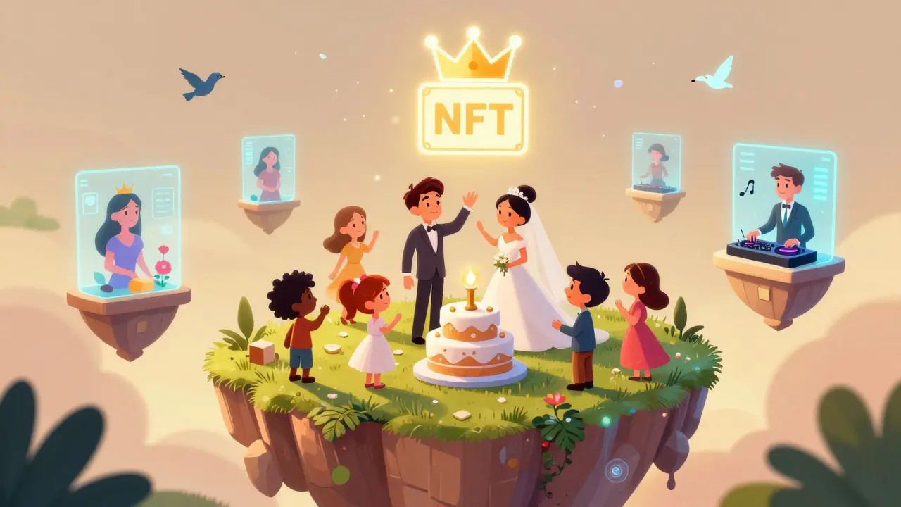 Una boda virtual en un terreno digital con avatares celebrando bajo un NFT que brilla como una corona mágica.