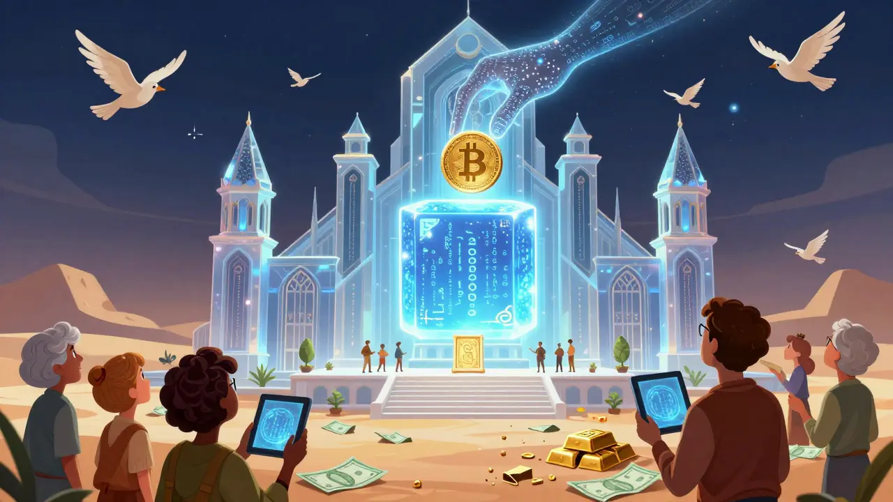 Una catedral digital hecha de bloques de cadena, con un bloque sagrado en su altar, bajo una mano de código celestial.
