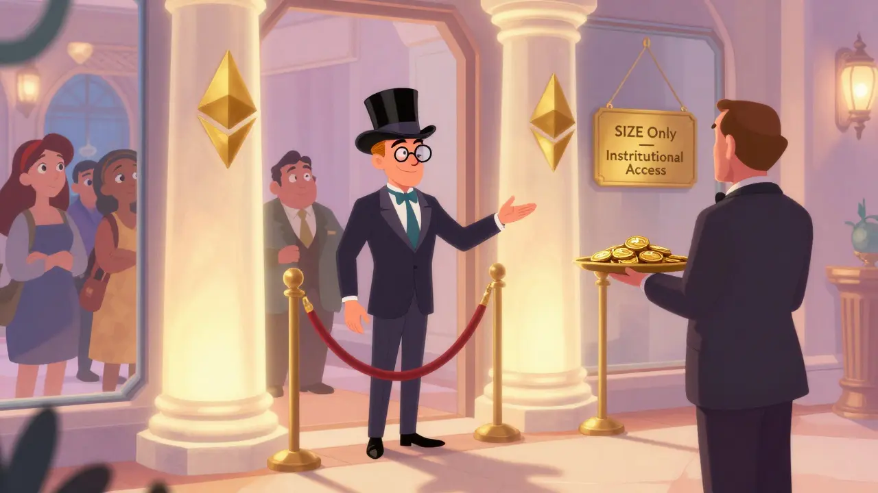 Una entrada exclusiva a un club institucional con un gerente siendo recibido, mientras traders individuales miran desde afuera.