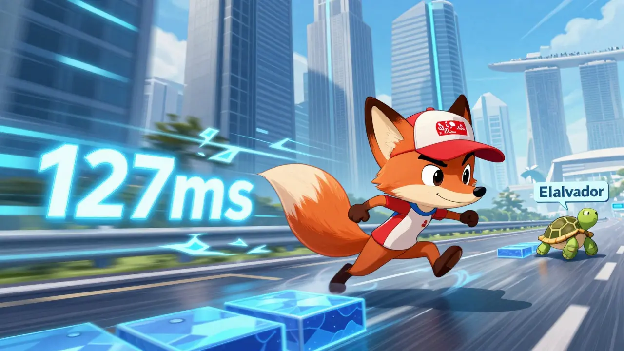 Una zorra veloz corre por una pista digital de bloques blockchain mientras señales de velocidad brillan a su alrededor.