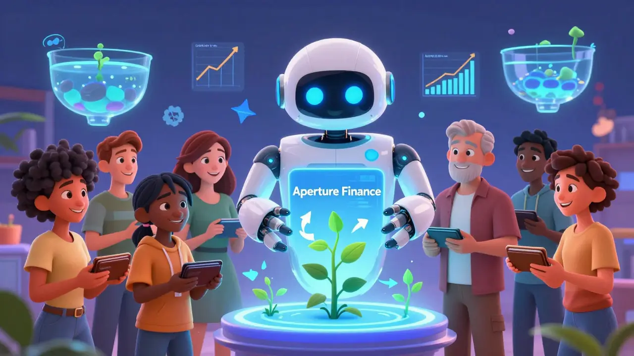 Usuarios sonríen mientras conectan sus billeteras a un robot asistente mágico que optimiza automáticamente su liquidez en DeFi.