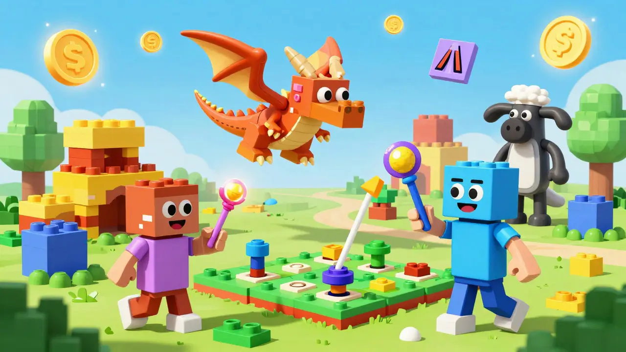 Avatares creando juegos y NFTs en un mundo de bloques coloridos estilo LEGO en The Sandbox.