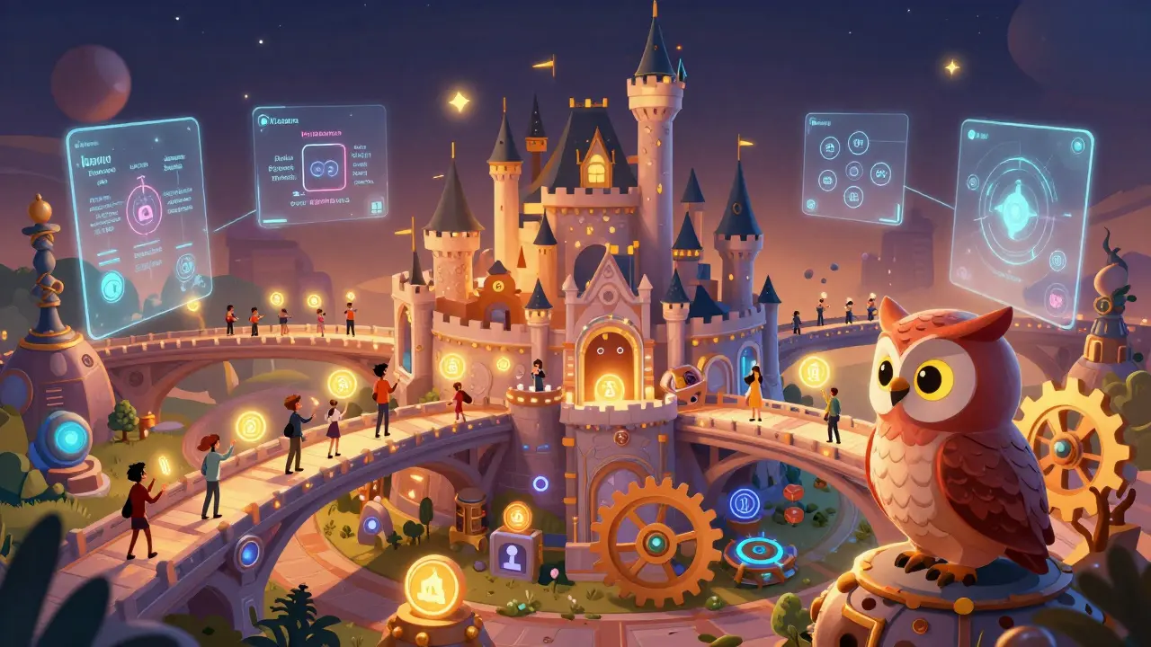 Castillo mágico conectando blockchains con usuarios intercambiando tokens en un ecosistema DeFi.