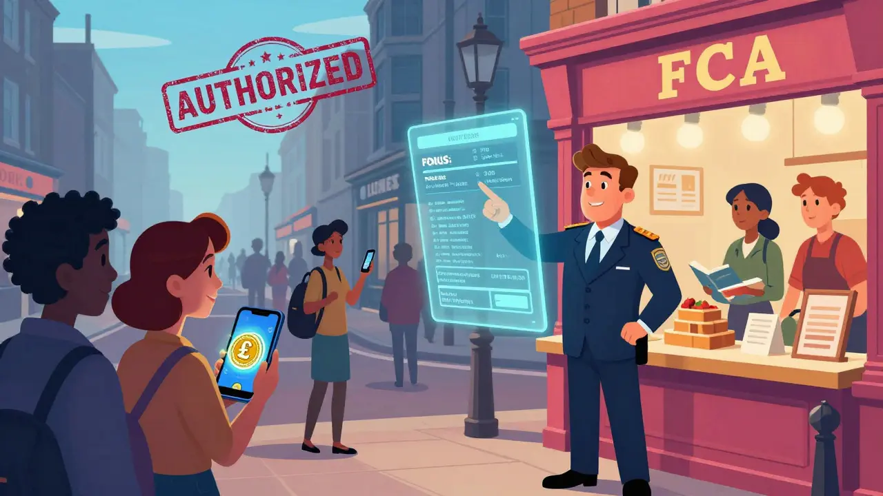 Ciudadanos de Londres usan una stablecoin británica regulada mientras un oficial de la FCA muestra un libro digital.