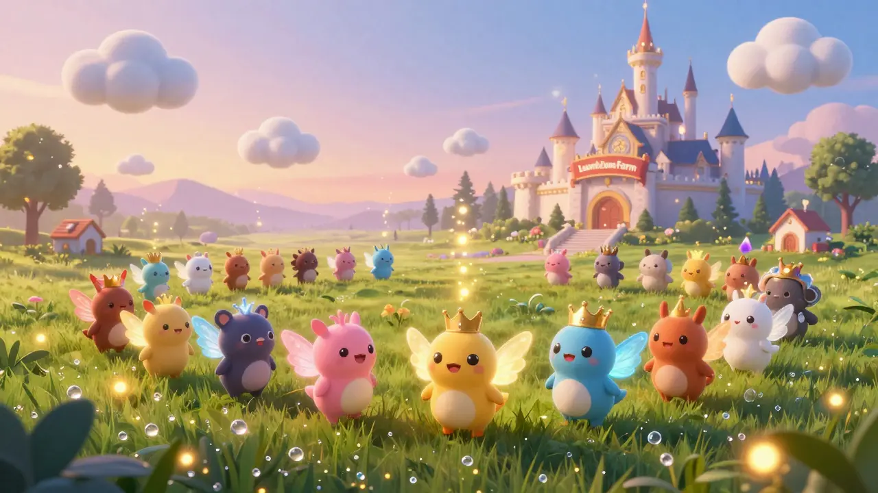 Criaturas encantadoras de NFTs pastando en una granja digital bajo un castillo de LaunchZone.