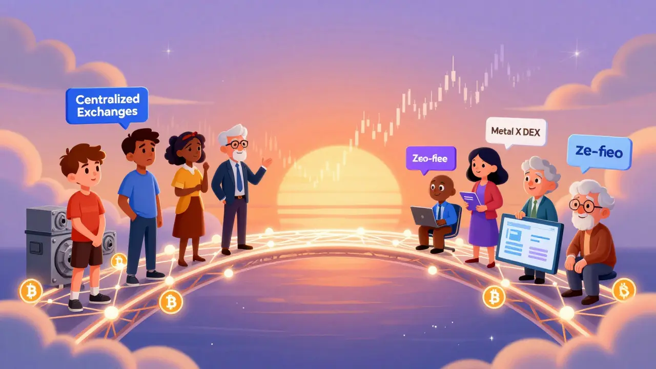 Grupo de personas cruzando un puente blockchain desde intercambios centralizados hacia Metal X DEX en estilo Disney.