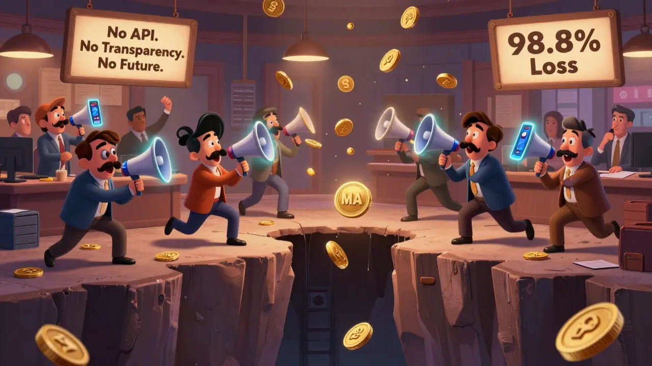 Influencers locos gritando consejos en una sala de trading caótica, mientras monedas desaparecen y el token MA cae por un abismo.