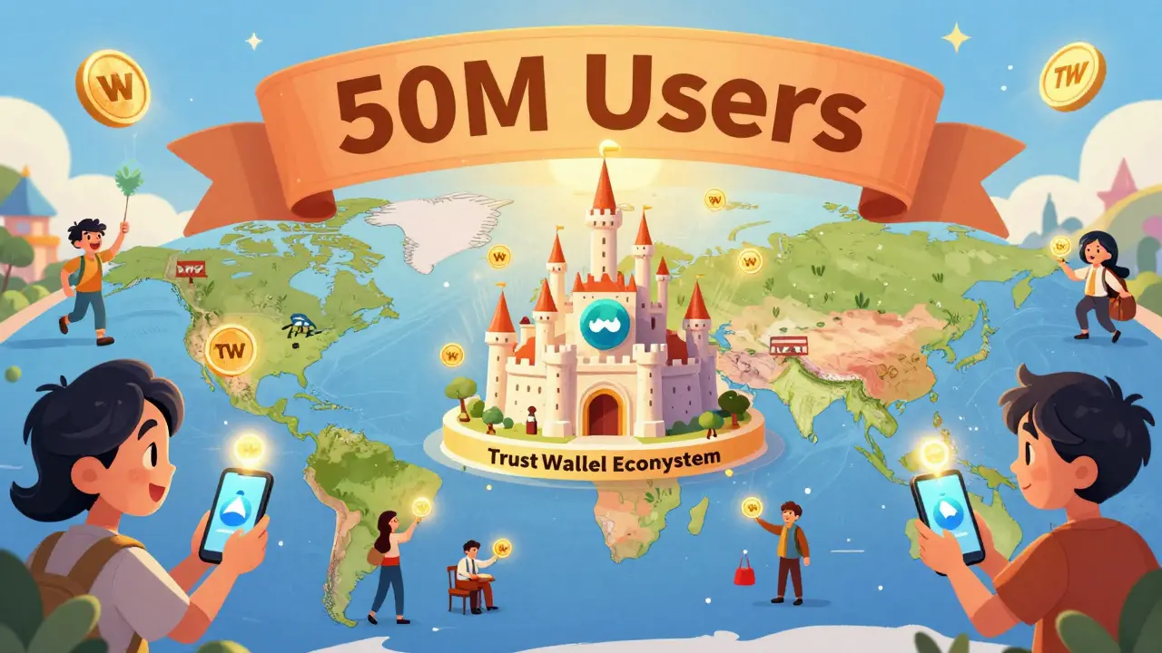 Mapa mundial con personas de distintas regiones enviando tokens TWT a un centro común en estilo Disney.