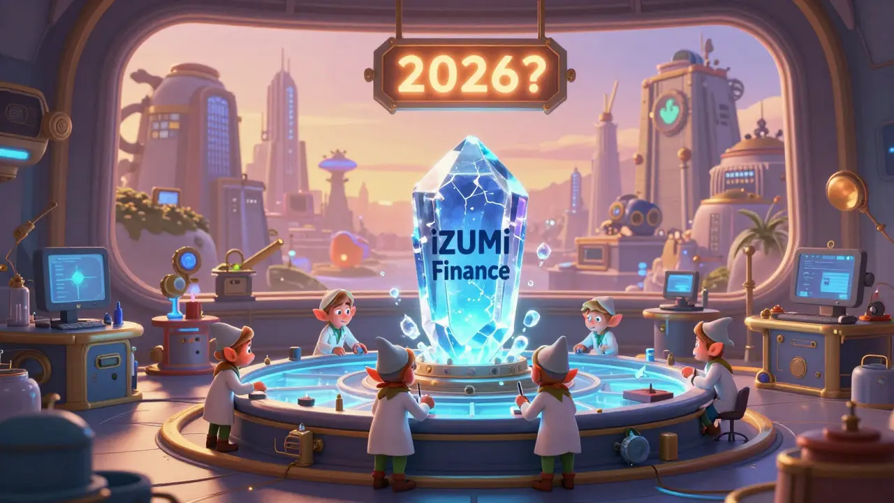 Pequeños desarrolladores en un laboratorio mágico junto a un cristal agrietado con el año 2026.