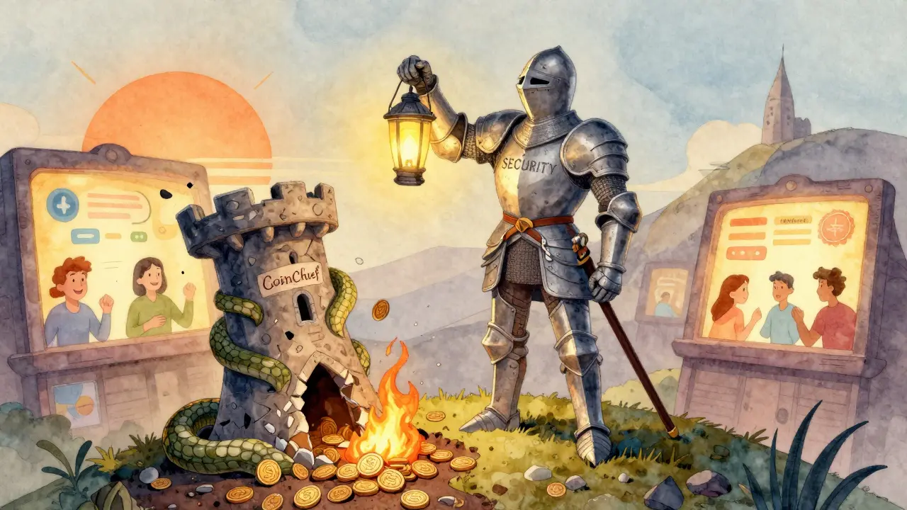 Un caballero con una linterna de transparencia ve cómo se derrumba una torre de CoinChief mientras exchanges legítimos brillan al amanecer.