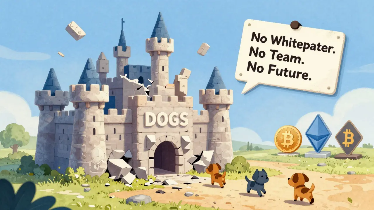 Un castillo de bloques digitales de DOGS derrumbándose mientras perros pequeños huyen, frente a proyectos cripto sólidos.