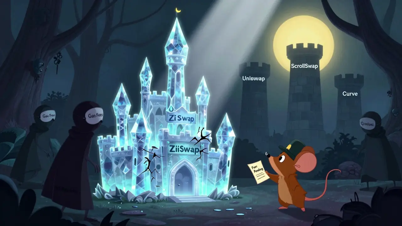 Un castillo de cristal de iZiSwap se agrieta mientras figuras oscuras lo rodean, frente a tres castillos sólidos más seguros.