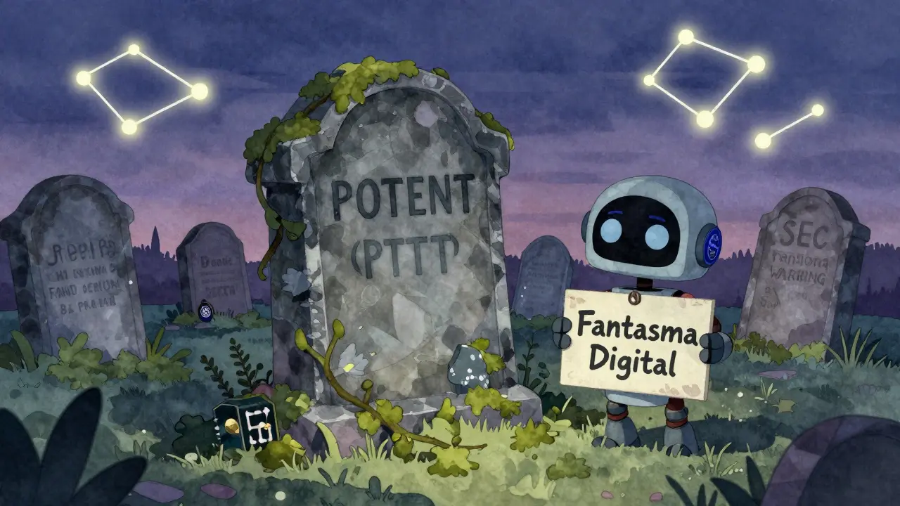 Un cementerio de criptomonedas olvidadas con una tumba de POTENT bajo un cielo crepuscular.