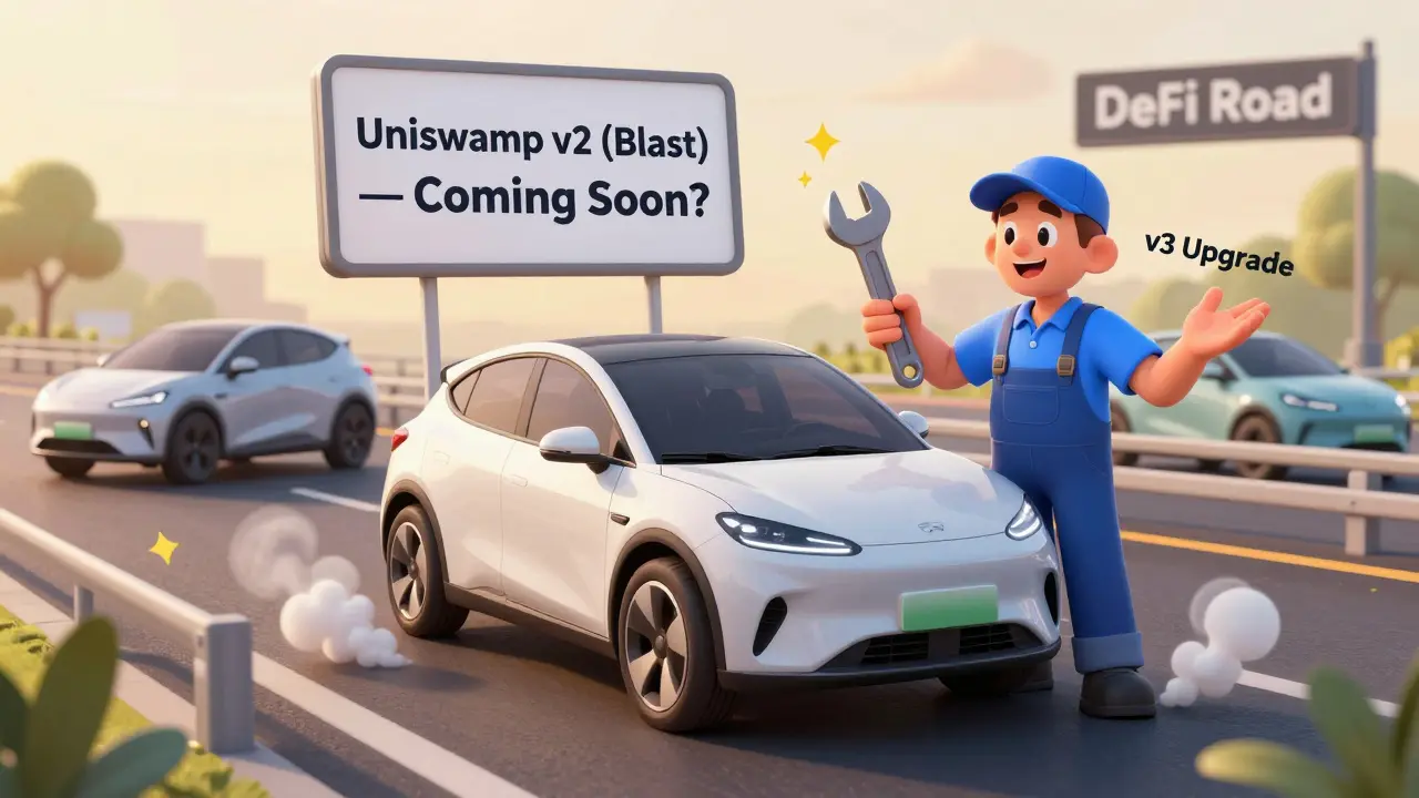 Un coche eléctrico con una sola llanta junto a una señal que dice 'Próximamente', mientras otros coches avanzan.