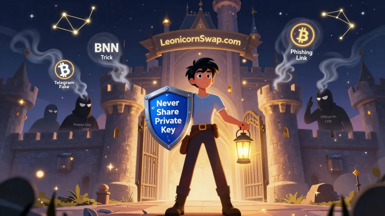 Un héroe con escudo 'Nunca compartas tu clave privada' frente al castillo oficial de Leonicorn Swap, mientras estafadores se desvanecen.