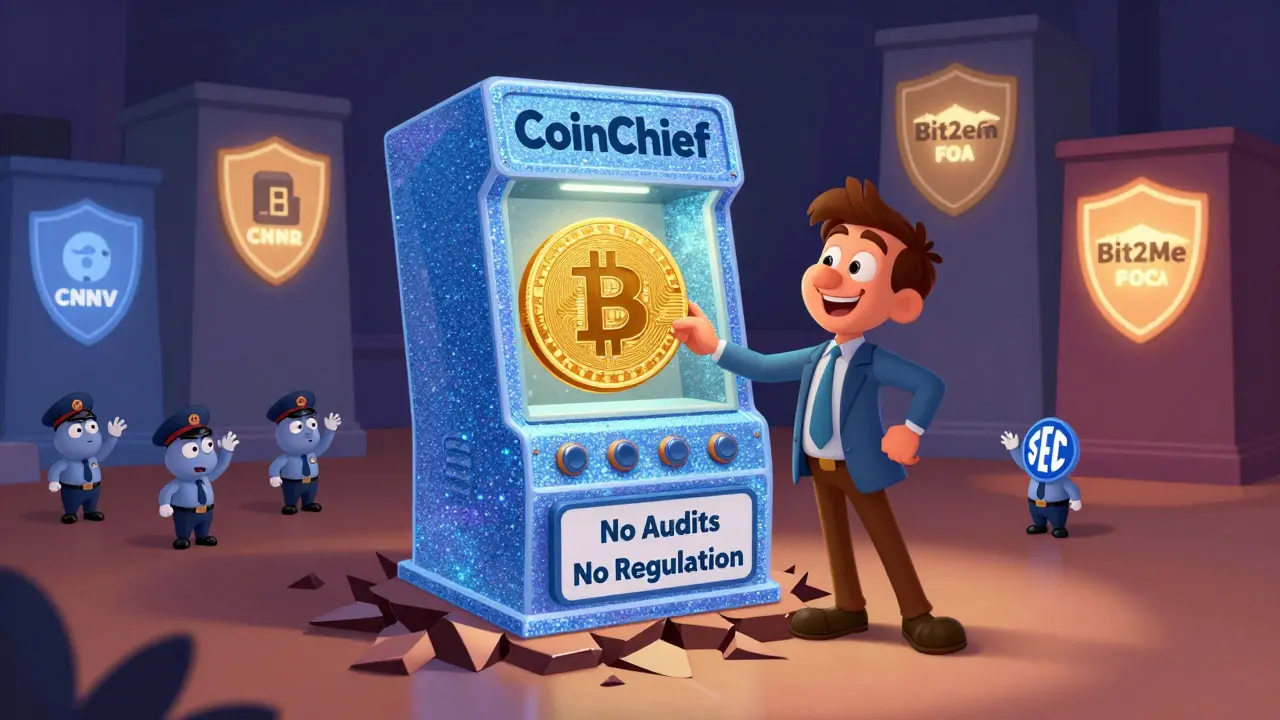 Un inversionista deposita Bitcoin en una máquina de intercambio falsa que se hunde, mientras exchanges reales brillan en la distancia.