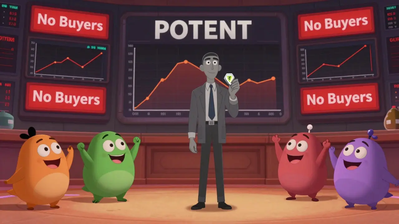 Un inversor solitario con un token inútil frente a pantallas que muestran volumen cero.