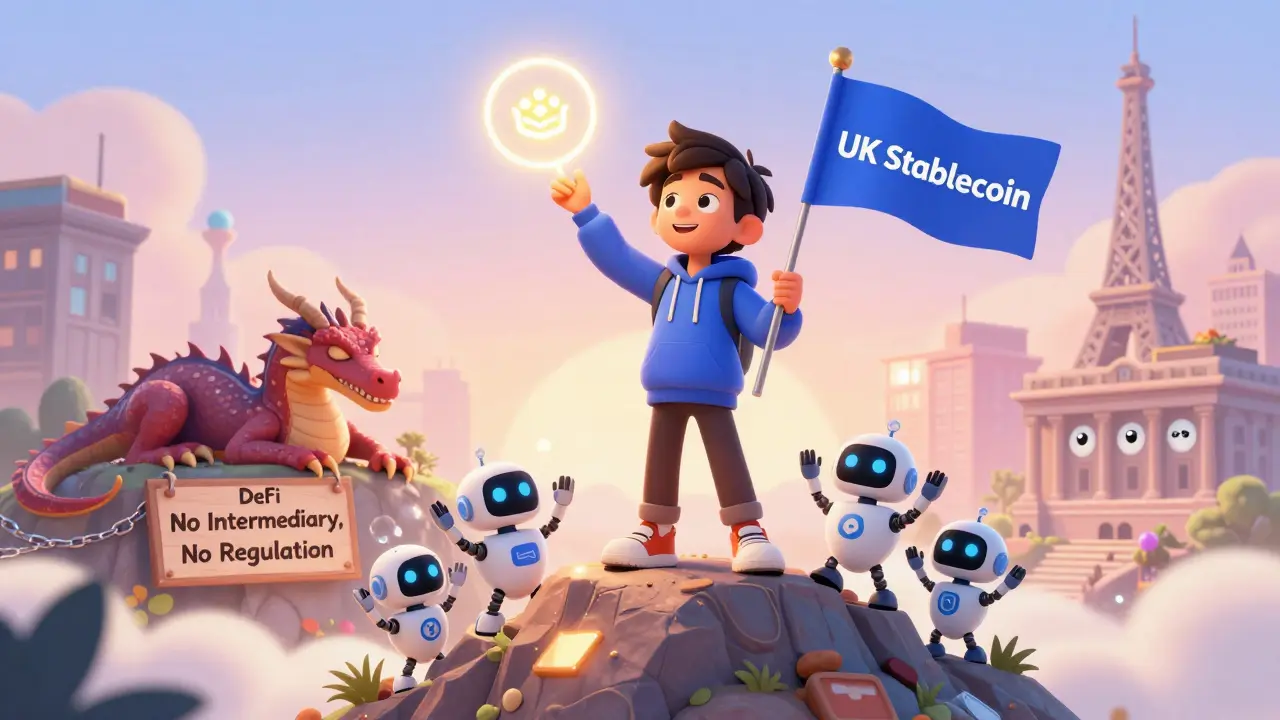 Un joven desarrollador levanta una bandera de stablecoin británica mientras robots de cumplimiento lo celebran.