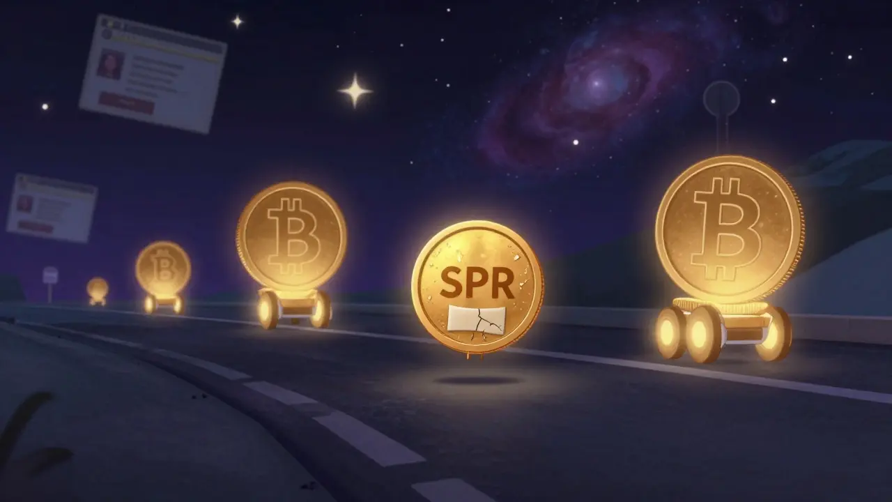Un pequeño token SPR solitario en una carretera blockchain oscura, rodeado de criptomonedas grandes y seguras.