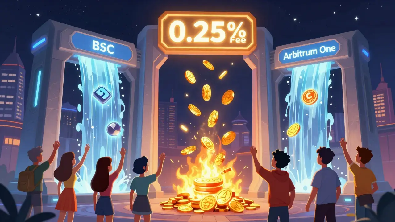 Un portal mágico conecta cadenas de cripto mientras los tokens CAKE se queman y se convierten en monedas doradas.