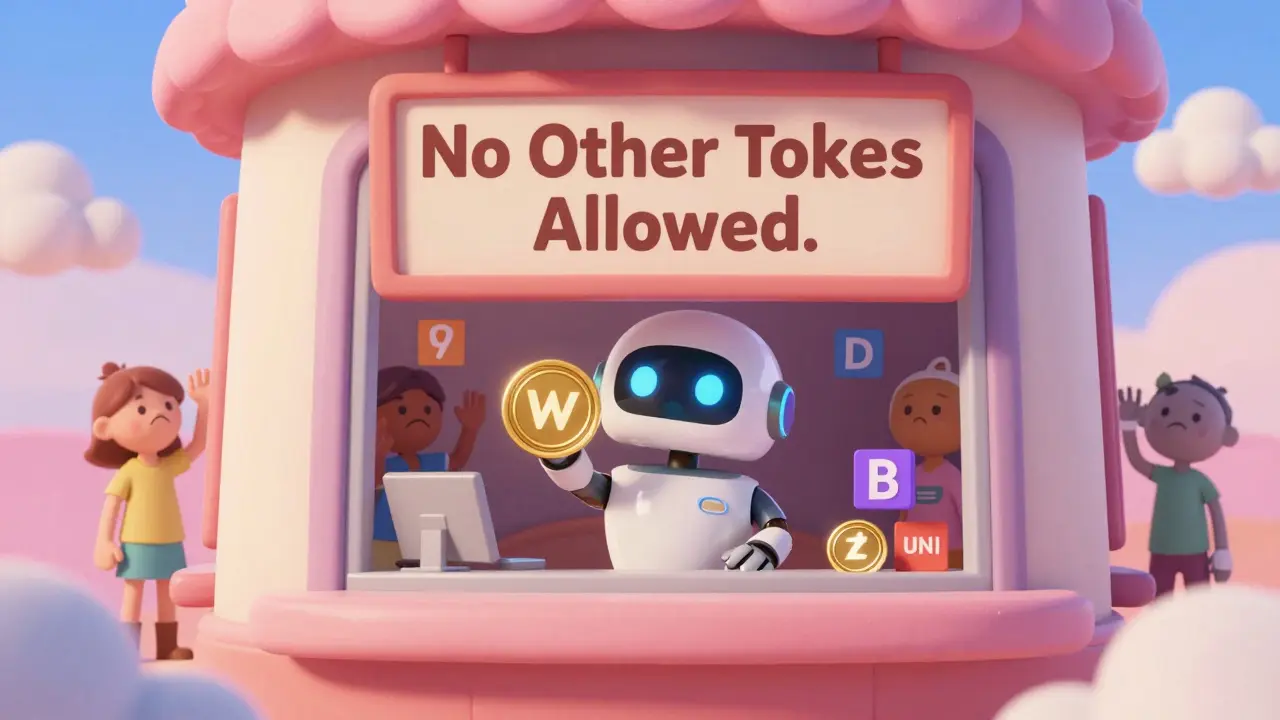 Un robot intenta intercambiar un token mientras otros usuarios miran desde fuera con tokens que no aceptan.