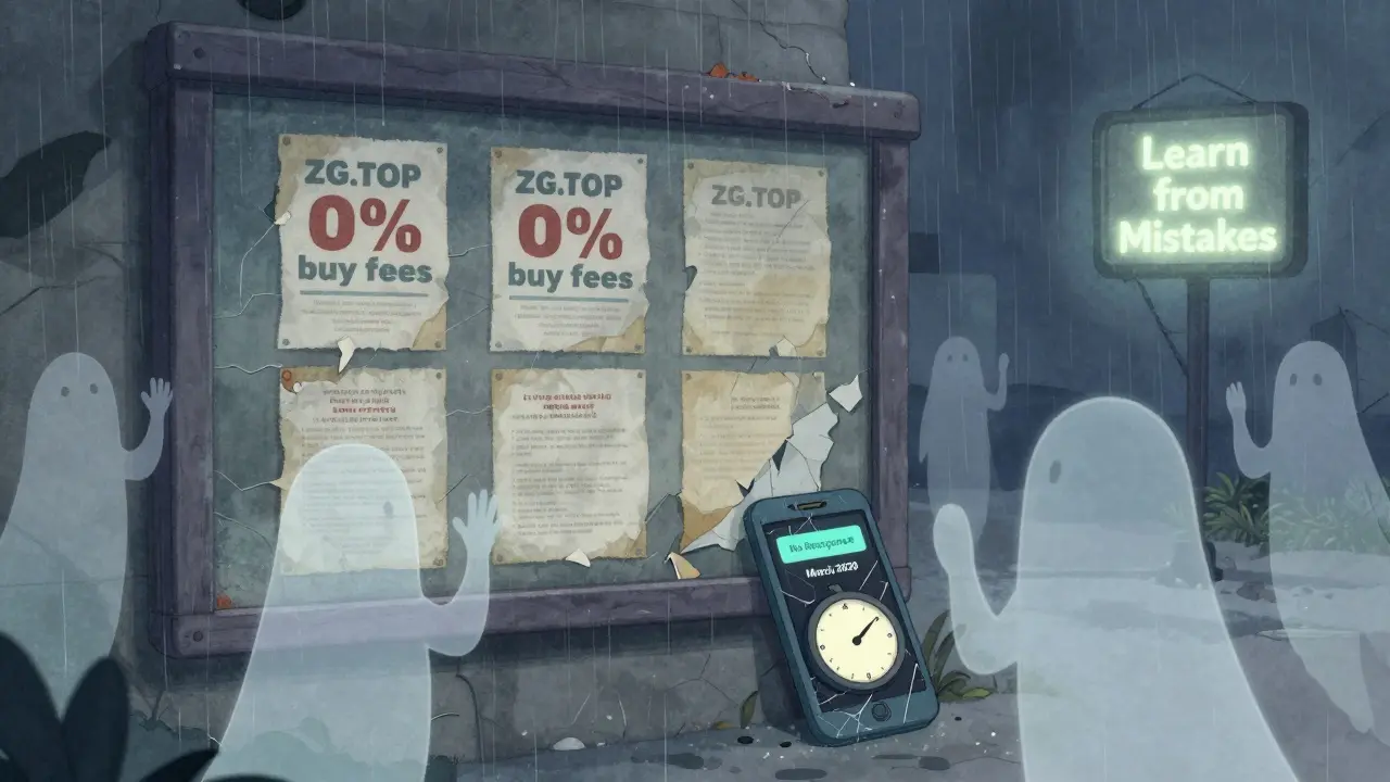 Un tablón de anuncios olvidado en un cementerio digital con letreros desgastados de ZG.TOP y un reloj detenido.