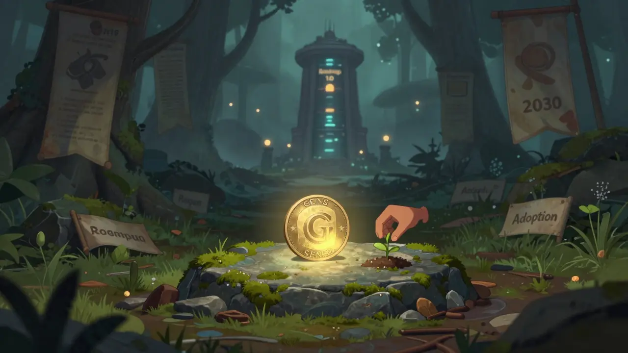 Un token GENS olvidado en un bosque digital, con luces lejanas de un futuro aún vivo.