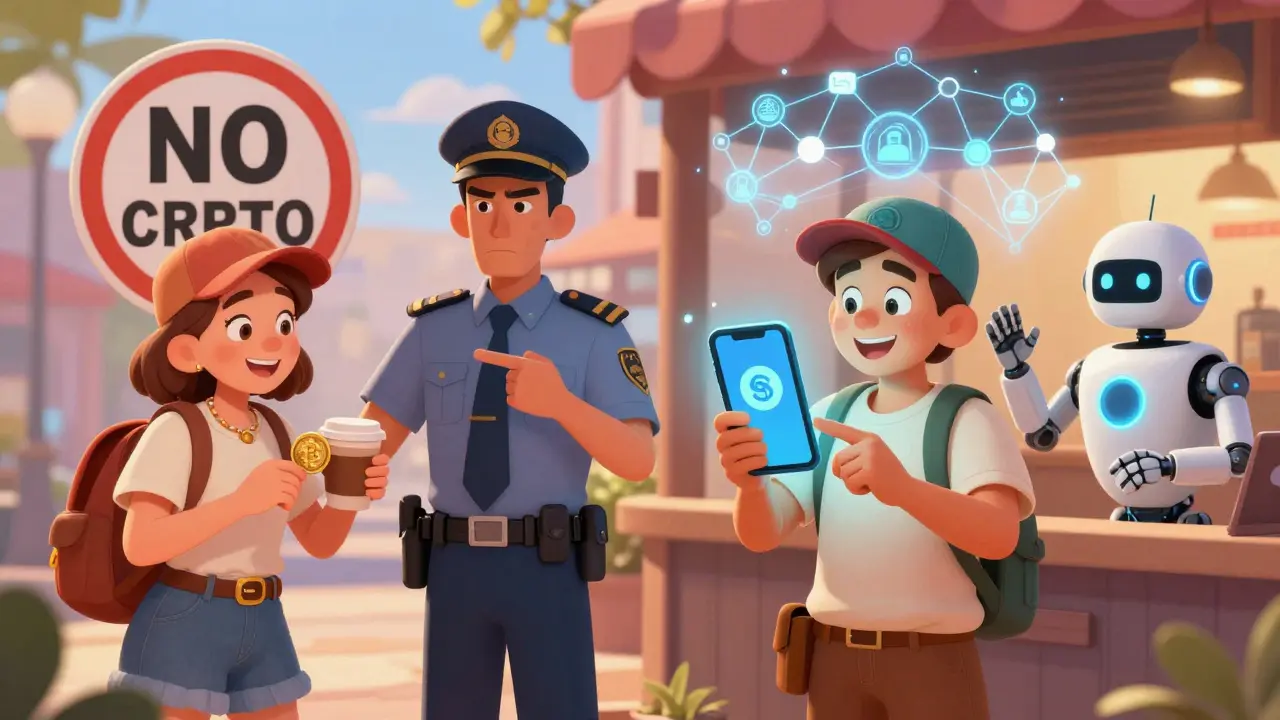 Un turista intenta usar Bitcoin en China, pero solo puede pagar con e-CNY, mientras una red blockchain brilla suavemente encima.