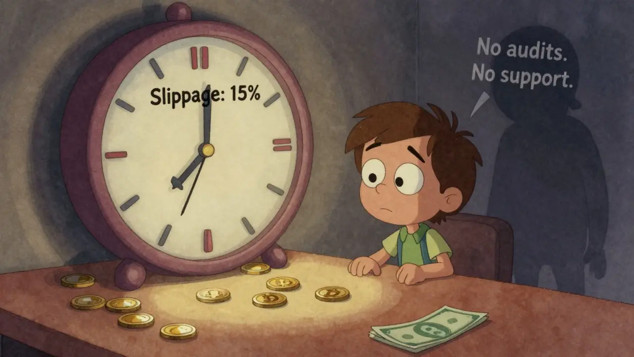 Un usuario confundido frente a un reloj de slippage roto con solo cinco tokens disponibles.