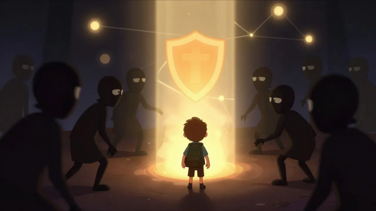 Un viajero es engañado por sombras, pero un nodo brillante lo salva de la aislación en una red descentralizada.