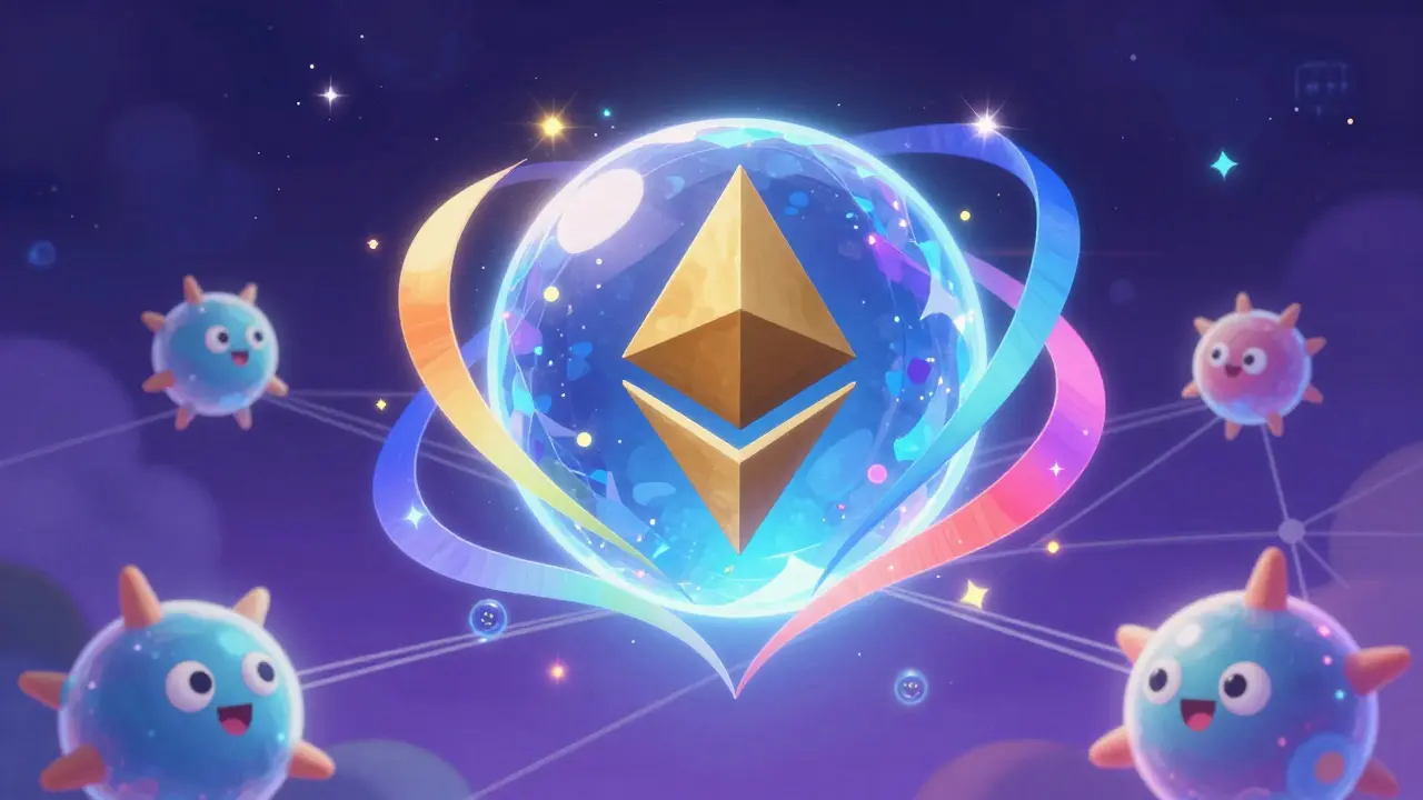 Una esfera cristalina de Ethereum 2.0 se conecta con otros nodos mediante cintas de red coloridas en un fondo cósmico.
