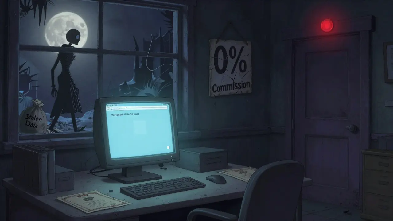 Una oficina abandonada con una pantalla de sitio web falso y una figura que se aleja con datos robados.