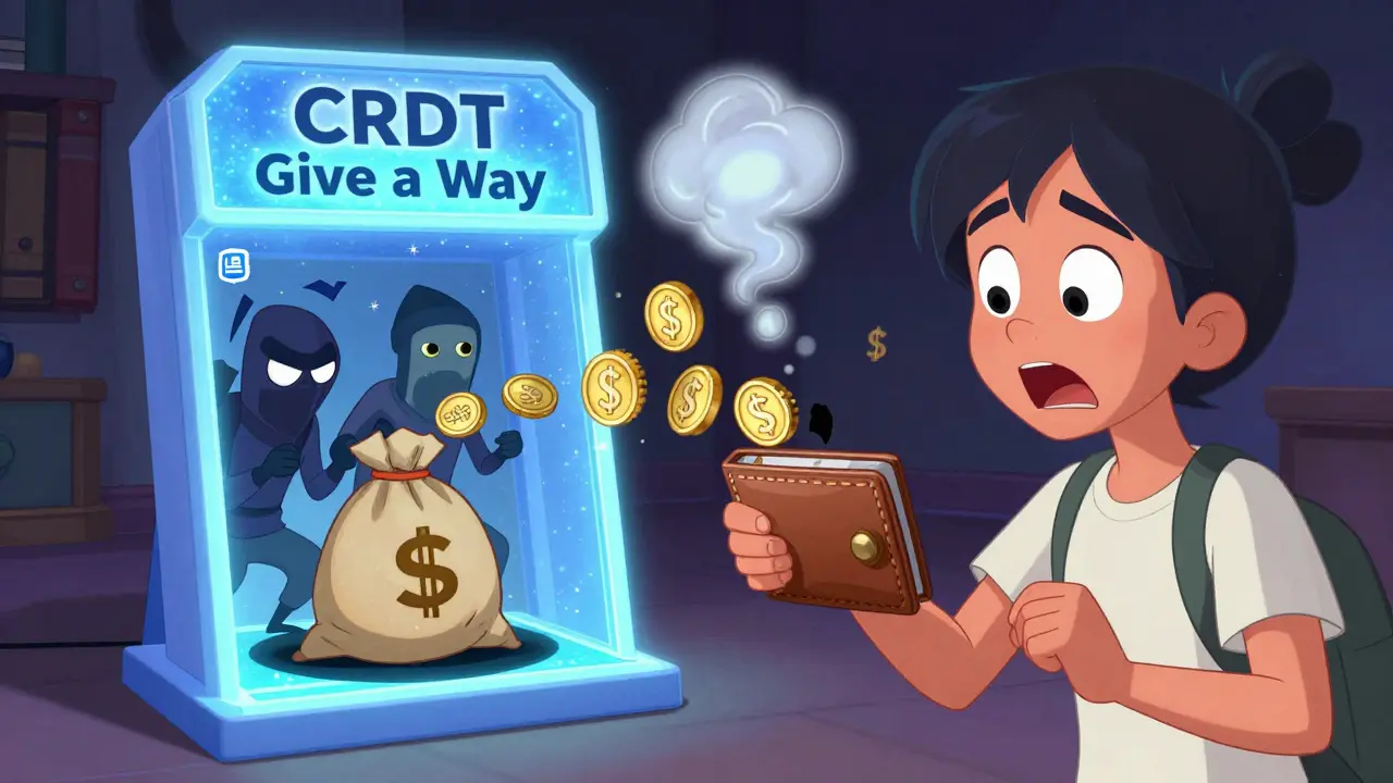 Una persona conectando su billetera a un portal engañoso mientras ladrones roban sus criptomonedas.