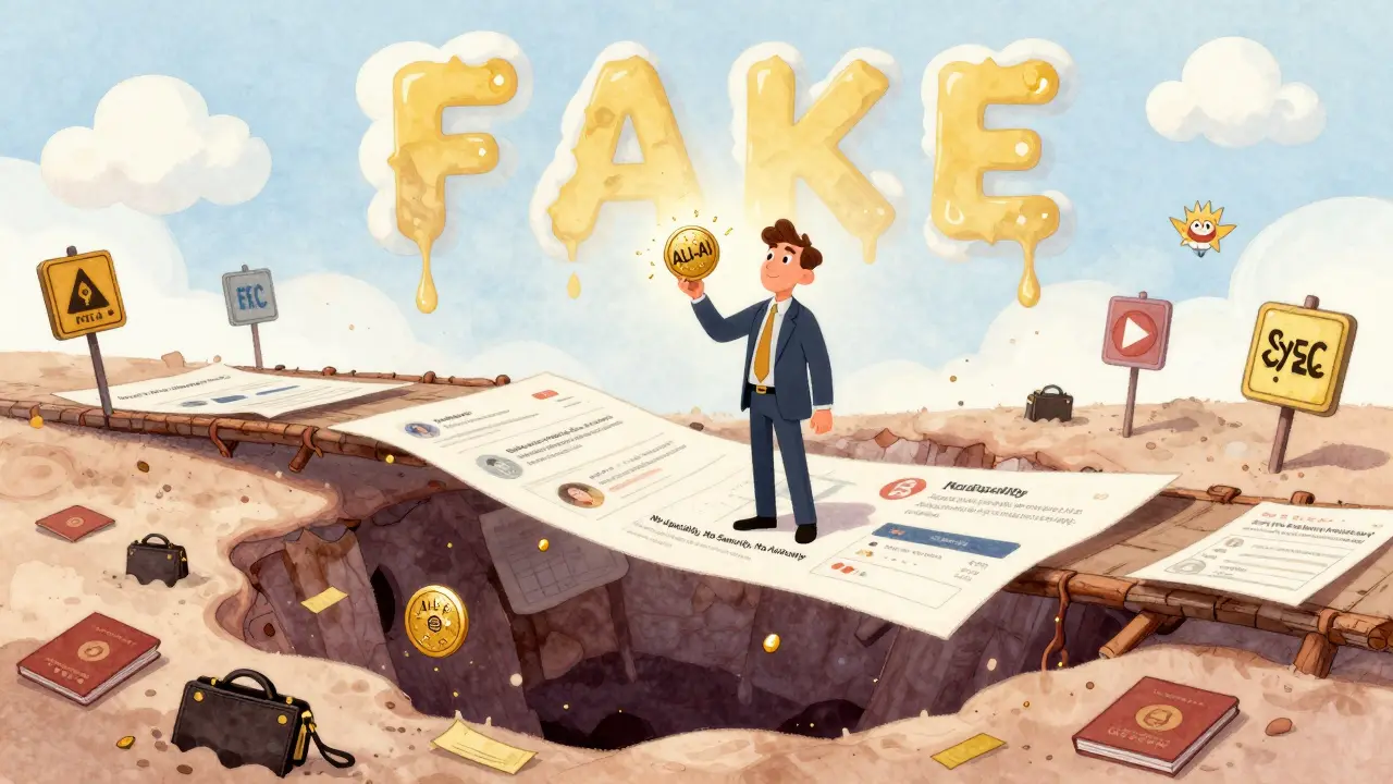 Una persona sostiene un token falso sobre un puente que se desmorona hacia un abismo de fraude.