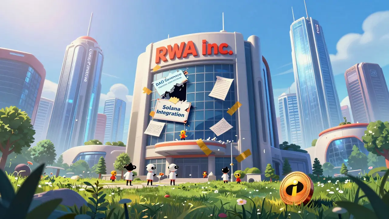 Una sede abandonada de RWA Inc. mientras gigantes del sector brillan en la distancia, estilo Disney.