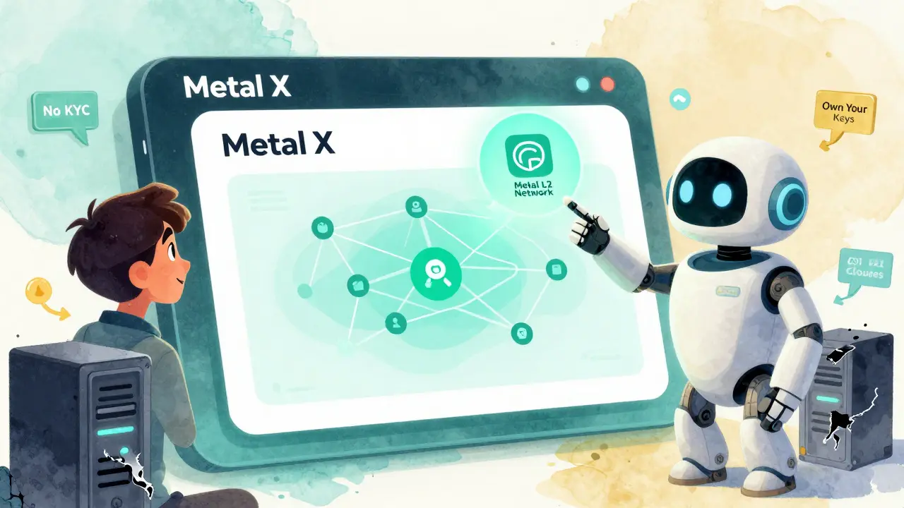 Usuario conectando su billetera a la app Metal X con un asistente robot y red Metal L2 en primer plano.