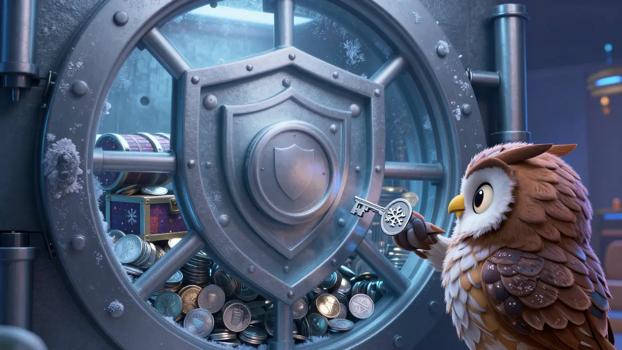 Bóveda de seguridad con escudo y cofre, búho verificando almacenamiento frío.