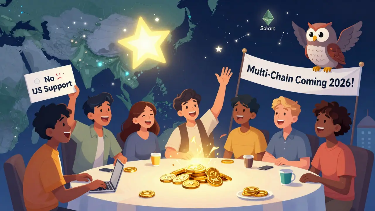 Grupo de usuarios de Asia y Europa intercambiando cripto en Klayswap V3, con mapa de redes y ave sabia, estilo Disney.