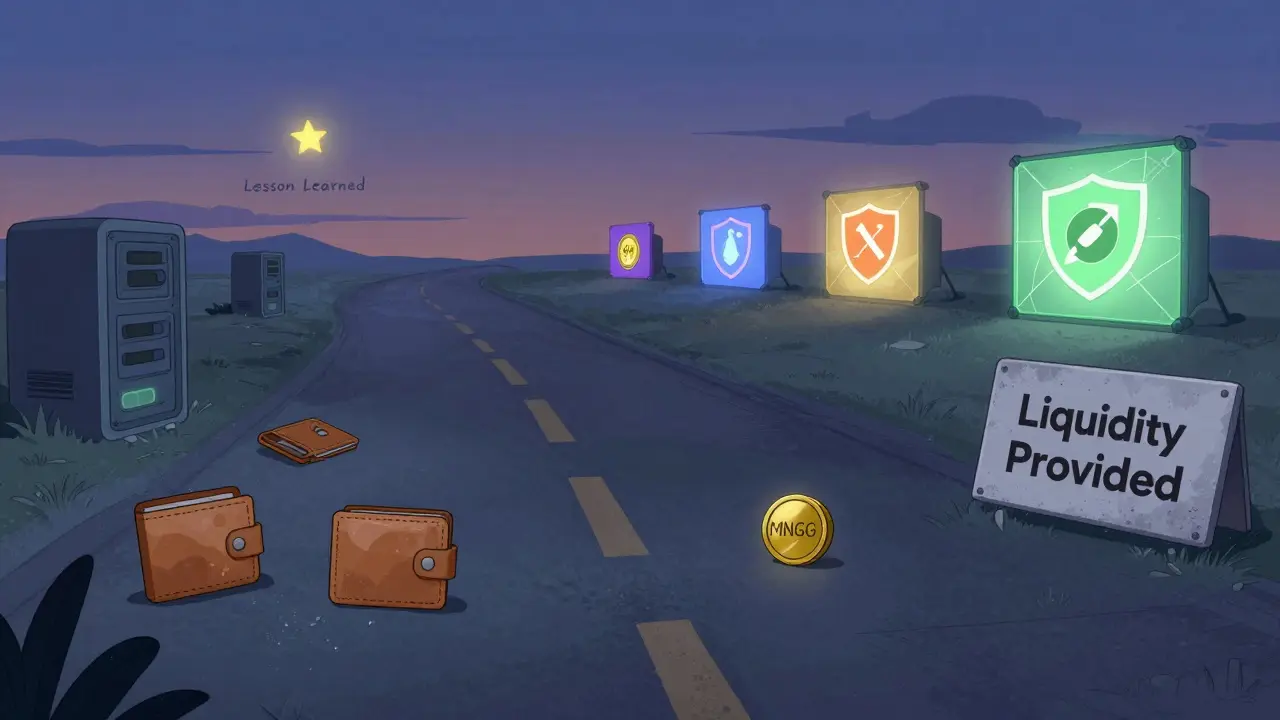 Ilustración en estilo Disney: paisaje vacío de Mango Markets cerrado, con un token MNGO solitario y nuevas plataformas brillando en la distancia.