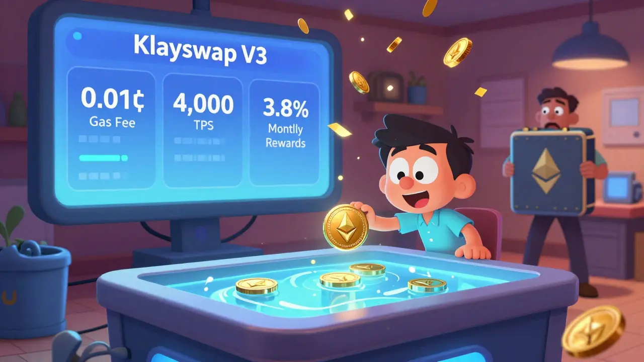 Inversor depositando un solo token KLAY en Klayswap V3 mientras llueven recompensas KSP, estilo Disney.