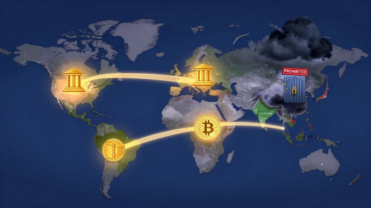 Mapa mundial ilustrado donde países con regulación clara brillan en dorado, y otros están bloqueados por nubes oscuras y puertas cerradas.