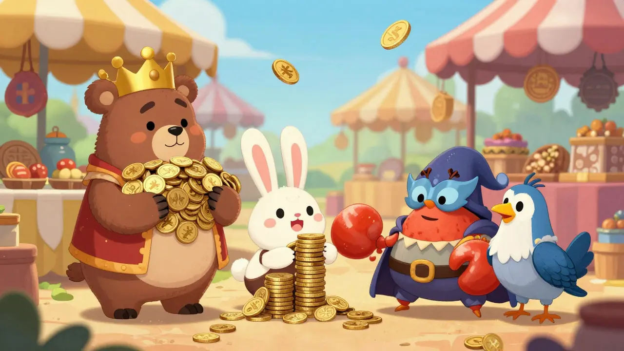 Mercado de criptomonedas con personajes Disney de oso, conejo, cangrejo y pájaro.