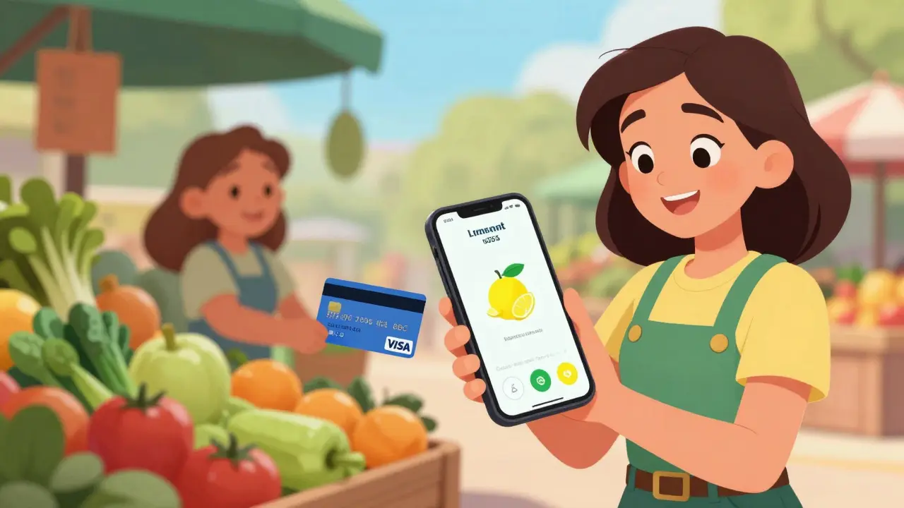 Mujer convirtiendo pesos a USDC con Lemon y comprando en un mercado local.